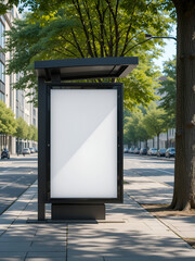 A prominent, blank white advertising panel within a modern bus stop shelter stands beside a tree-lined urban street, offering a versatile creative concept for outdoor marketing and future design campa