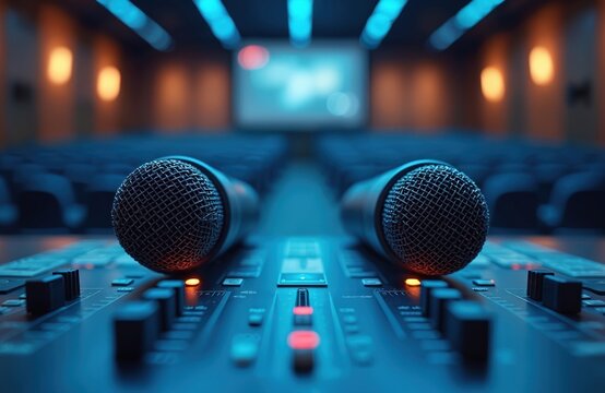 Conference hall setup with two microphones on audio mixer. Pro sound equipment for meetings, speeches, and broadcasting. High-quality audio recording and amplification system in modern venue.