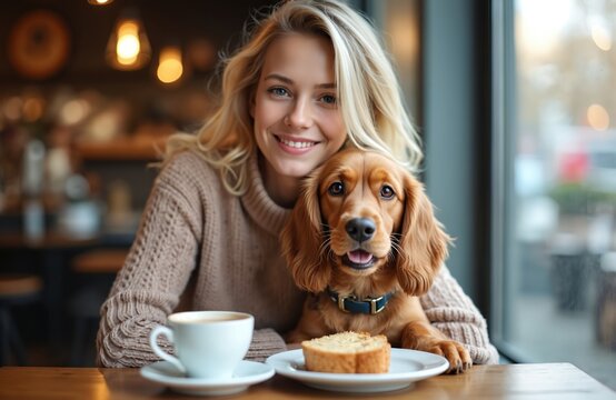 Young blonde girl hugs cute cocker spaniel dog at cafe table. They enjoy lunch and cappuccino together. This charming pair shares a warm moment, highlighting friendship and pet companionship.