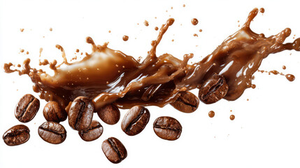 Fototapeta premium Close up of fresh roasted coffee beans with liquid splash