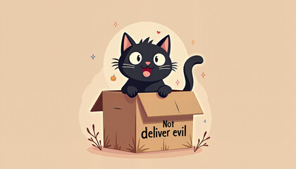 Cute black cat in box labeled “Do not deliver evil” Halloween joke