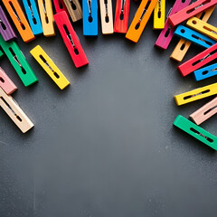 Obraz premium Hand made background, lot of colorful wooden clothespins on dark gray concrete, copy space