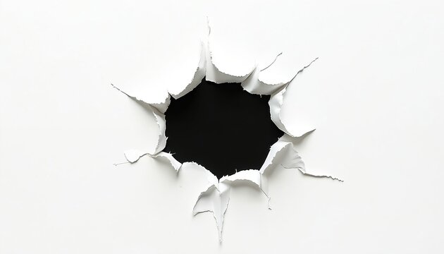 Ripped white paper reveals black void. Abstract hole design, torn edges, grunge texture. Offers copy space, dramatic contrast, mystery, and breakthrough visual elements.