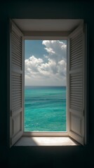 A dark room with open white shutters overlooking the sea. Ocean view from the window.