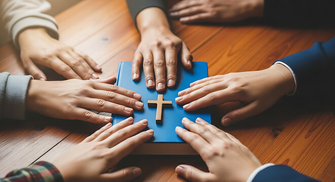 United Hands on Bible and Cross for Prayer