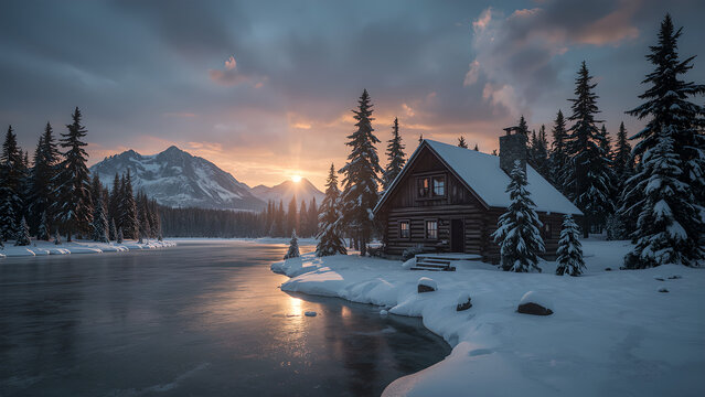 Twilight Refuge – Snowbound Cabin by the Ice-Laced Lake in Mountain Silence