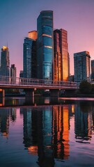 Fototapeta premium Cityscape Reflections Urban Architecture at Sunset