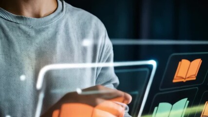 Person interacting with digital interface showcasing online learning modules with glowing book icons and data streams - Powered by Adobe