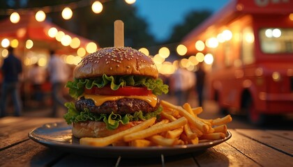 Gourmet burger with fresh toppings and golden fries served at noisy night food festival. City lights and illuminated food trucks create vibrant, festive atmosphere for this savory culinary experience.
