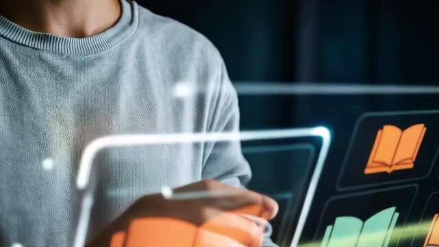 Person interacting with digital interface showcasing online learning modules with glowing book icons and data streams - Powered by Adobe