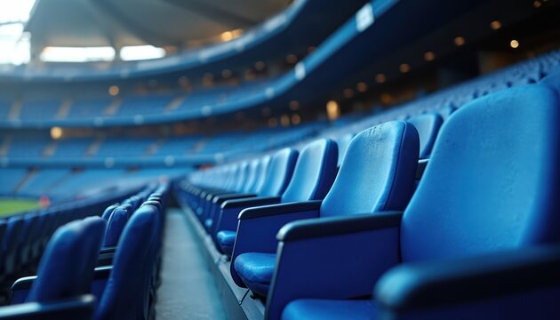 Rows of empty blue stadium seats in VIP area. Arena seating for football match or soccer game. Spectators await event in comfortable, exclusive luxury venue.