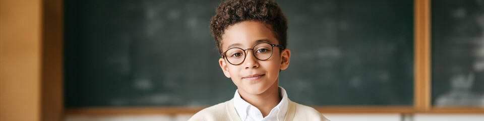Confident african child in glasses standing in classroom with chalkboard background