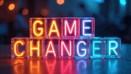 Neon sign lights spell GAME CHANGER in colourful glowing letters on transparent cubes. Bright orange, pink, blue neon. Nighttime, dark background, bokeh lights. Innovation, transformation, business