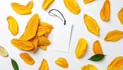 Naklejka premium Flat Lay Mockup of Mango Snacks and Label Tag