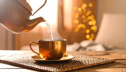 Golden tea kettle pouring hot water