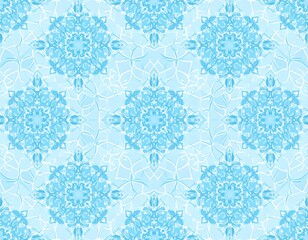 Light blue, repeating pattern of intricate, floral-inspired mandalas