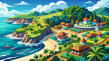 very Beautiful An aerial panoramic image of Candidasa shoreline on Bali island in Indonesia