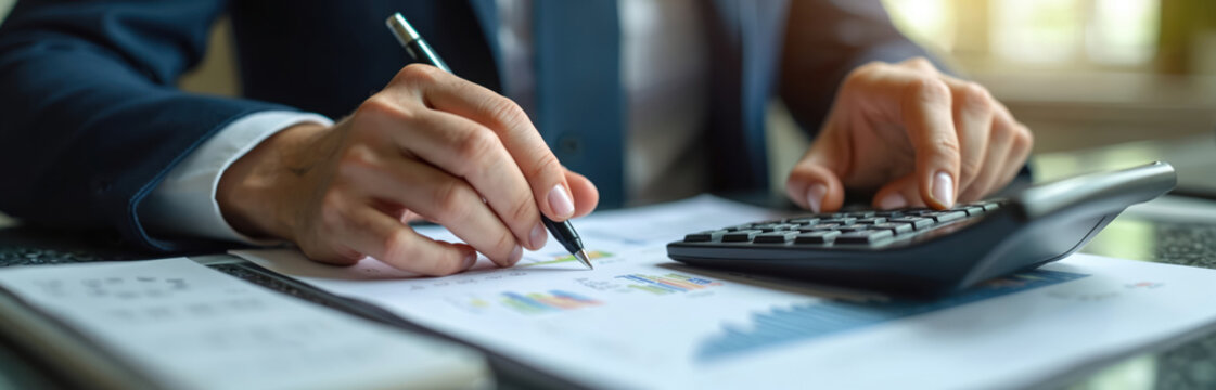 Entrepreneur analyzes expenses using calculator, charts on paper. Person in suit calculates costs, income, profit, budget. Focus on financial planning, investment, accounting for business growth.