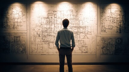 Person contemplating architectural drawings