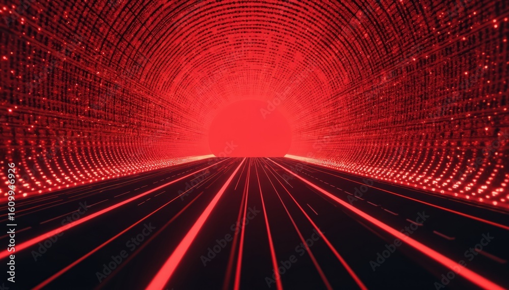 Poster abstract red tunnel featuring halftone dots and perspective lines. futuristic geometric design with 