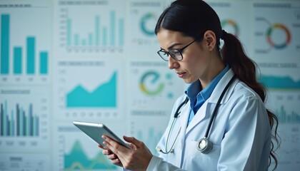 Medical analyst reviews patient data on tablet. Charts, tools, white table. Professional woman in lab coat, stethoscope. Clinical office, health care analysis, digital information, precision medicine.