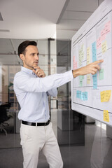 Serious middle-aged professional man, manager, office employee stands next to white board covered with colorful sticky-notes, review data, check do-do list, deadlines with focused expression. Planning © fizkes
