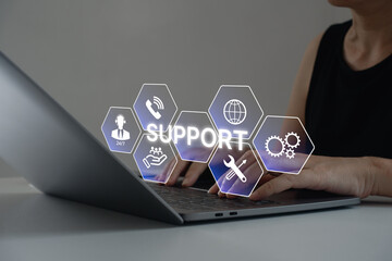 Customer service and technical support concept. Woman using laptop with support icons, online...