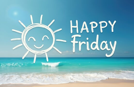 Hand-drawn sun illustration with text Happy Friday over bright blue sky, calm turquoise ocean waves, sandy beach. Cheerful, playful design weekend escape, relaxation, positive summer vibes.