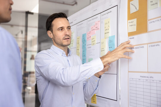 Businessmen involved in planning, organizing, and managing tasks using white board, reviewing notes on board exchanging thoughts, ideas, analyzing key points, deadlines, important details in office