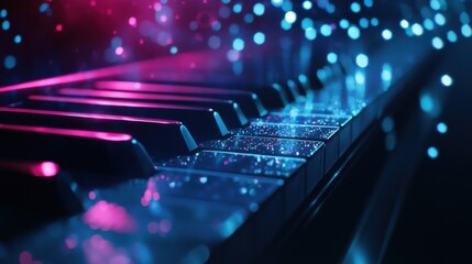An artistic close-up image of piano keys, beautifully illuminated with sparkling, colorful lights that create a magical and inviting atmosphere, perfect for music lovers.