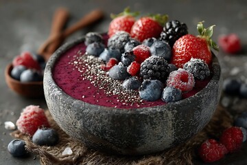A dark gray stone bowl filled with a vibrant red-purple berry smoothie, topped with fresh berries and chia seeds