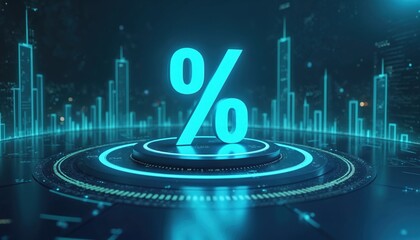 Futuristic neon percentage sign glows on platform with data visualizations. Abstract digital cityscape background finance growth, progress, economic trends. Modern technology, AI, cyber theme.