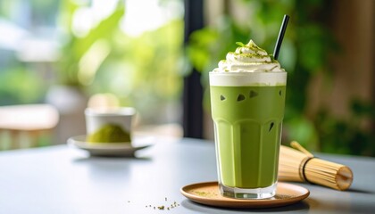 Iced Matcha Drink with Cream Topping and Straw