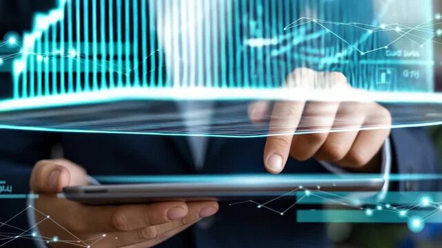 Confident businessman analyzes digital data and network connections on a tablet with glowing interface - Powered by Adobe