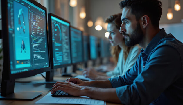 Programmers collaborate in office setting, focused on computer screens displaying code, user interfaces. Teamwork drives innovation as developers brainstorm ideas, build applications, websites, - Powered by Adobe