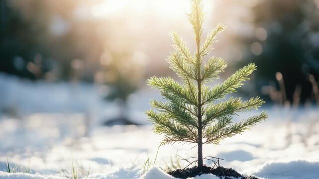 A small pine tree sprouts out of the snow, symbolizing life and resilience