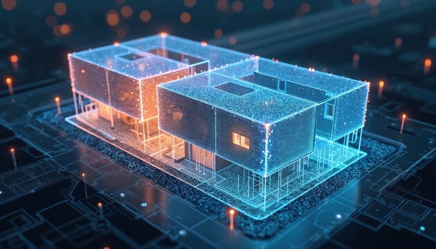 AI digital twin simulation system visualizes real-time building performance data for energy optimization. Glowing interface displays building analysis, smart technology, and architectural data.