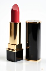 Obraz premium Luxury red lipstick in elegant black and gold case. Open cosmetic stick on clean white background. High-end beauty product for makeup, fashion, women, gifting. Glamour gloss.