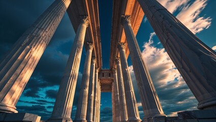 Ancient Greek columns frame the sky in a striking architectural view.