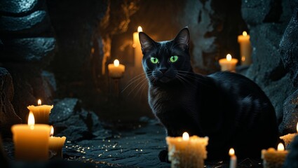 A black cat with captivating green eyes is surrounded by glowing candles, casting an enchanting spell.