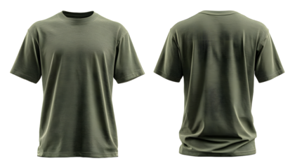 Blank T Shirt color military green template front and back view on white background, 8k photorealism. White tone