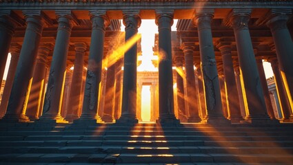 Fototapeta premium Sunlight streams through ancient columns, creating a dramatic play of light and shadow.