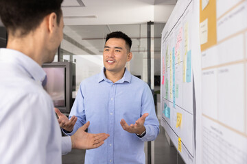 Two diverse professional men, project managers working on task standing next to large white board...
