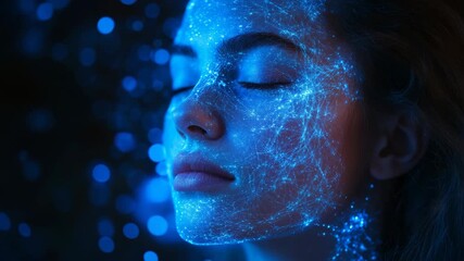 Beautiful woman with closed eyes and blue glowing neural network mapping her face, symbolizing futuristic AI, human connection, and the digital evolution of consciousness, science, and technology. - Powered by Adobe