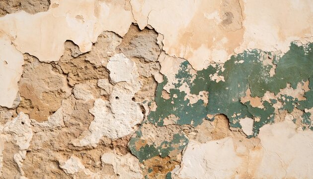 Aged, weathered stucco wall with peeling paint.  Cracked, layered, and uneven textures.  Patches of muted beige, tan, and greenish-gray paint