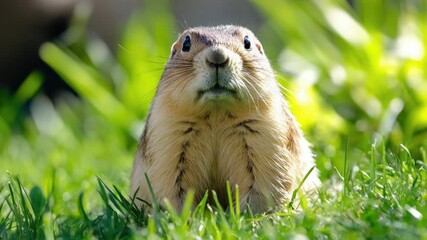 A ground squirrel standing in the grass, looking directly at the camera