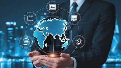 Confident businessman holding glowing digital globe connecting global services and technology in modern city night - Powered by Adobe