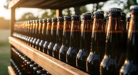 Rows of capped brown beer bottles on wooden shelves glowing in warm sunset light outdoors. Banner template for craft beer, outdoor events, brewery tours, and summer promotions with copyspace.