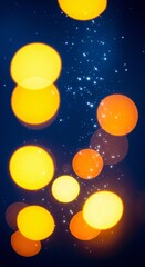 Fototapeta premium Warm Orange and Yellow Bokeh on a Dark Blue Background with Sparkles. abstract bokeh background