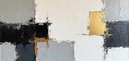 Abstract textured painting features geometric blocks in white, grey, black, gold. Created with thick oil acrylic paint using palette knife technique on canvas, contemporary artwork stylish, modern,